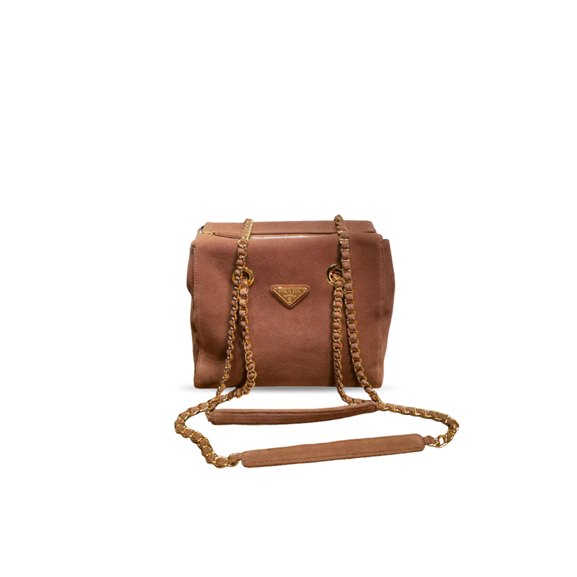 Pra*a quilted brown suede chain shoulder bag 1bd660 (26.5*25*7.5cm)